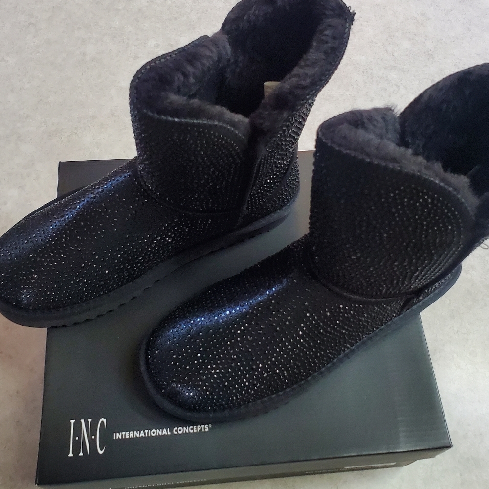 INC International Concepts Black Sparkle Faux Fur Ankle Boots